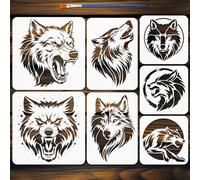 FINGERINSPIRE 7PCS Wolf Head Painting Stencil with Paint Brush 3 Sizes Reusable Realistic Style Wolf Drawing Template Plastic PET Wolves Pattern Stencil Decorative Animal Theme Template for Decor