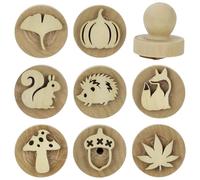 FINGERINSPIRE 8 Pcs Fall Woodland Stampers 8 Styles Round Autumn Woodland Wooden Stamps 1.7x1.5Inch Mini Handmade Navajo White Farm Animals Fall Plants Stamp for Birthday Party Supplies
