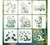 FINGERINSPIRE 8 Pcs Panda Bamboo Painting Stencil with a Brush 15x15cm Cute Panda Bamboo Wall Stencils Template Reusable Animal Theme Stencils for Painting On Canvas Walls Wood Furniture Decorations