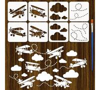 FINGERINSPIRE 8 Styles Plane Stencils 20x20CM PET Flight Stencils Painting Template Flight Trails Clouds Templates with a Brush for Walls Furniture DIY Art Projects