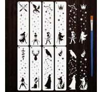 FINGERINSPIRE 8 Styles Queen Warrior Pattern Stencils with a Brush 31x8cm Sword Bow Arrow Raven Flame Painting Stencils PET Fantasy Themes Template for Painting on Wood Floor Tile Wall Fabric