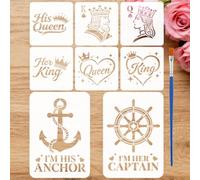 FINGERINSPIRE 8PCS Couple Stencils 15x15cm/21x29.7cm with a Brush King Queen Stencils Anchor Ship's Wheel Stencil Heart Drawing Templates for Wood Walls Fabric DIY Home Valentine's Day Decor