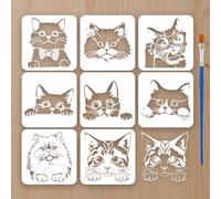 FINGERINSPIRE 8Pcs Cute Cat Painting Stencil with Paintbrush 20x20cm Reusable Cat Pattern Painting Stencil Template Decorative Animal Theme Stencils for Wall, Furniture, Wood, Paper and Home Decor