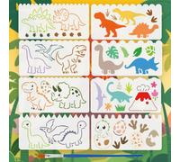 FINGERINSPIRE 8PCS Cute Dinosaur Painting Stencil with Paint Brush 12x24cm Dinosaur Silhouette Drawing Template Egg Paw Print Plant Volcano Stencil Animal Theme Template for Floor Decoration