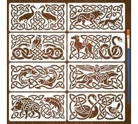 FINGERINSPIRE 8Pcs Keltic Knot Animal Patterns Stencils with a Brush 30x15cm Owl Dog Painting Stencils Snake Shark Stencil Pig Bird Wolf Stencil PET Animal Themes Template for Wood Floor Wall DIY