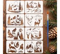 FINGERINSPIRE 8PCS Wolf Deer Painting Stencil with Plastic Brush 21x29.7cm Mountain Forest Wildlife Template Sun Moon Paw Print Stencil Animal Theme Template for Painting on Wood Furniture