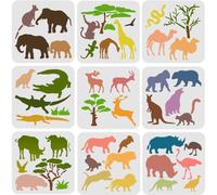 FINGERINSPIRE 9 Animal Stencils 20 x 20 cm Plastic - Monkey, Bear, Bird, Elephant, Deer, Crocodile, Rhino, Lion