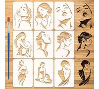 FINGERINSPIRE 9 Pcs Abstract Female Painting Stencils with Paintbrush 29.7x21cm Women Silhouette Pattern Stencil Reusable Woman Theme DIY Stencil for Painting on Wood Wall Fabric Furniture Home Decor