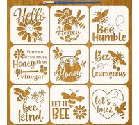 FINGERINSPIRE 9 Pcs Bees Honey Words Painting Stencil with Paintbrush 15x15cm Reusable Bee Stencil DIY Craft Template Plastic Drawing Template for Painting on Wood Tile Paper Fabric Floor Wall