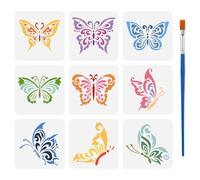 FINGERINSPIRE 9 Pcs Butterfly Painting Stencil with Brush 15x15cm Flying Butterflies Drawing Template Animals Theme DIY Decoration Stencil for Painting on Wood Wall Fabric Furniture