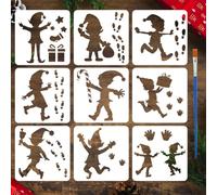 FINGERINSPIRE 9 Pcs Christmas Elf Painting Stencil with Brush 15x15cm Stocking Star Present Bell Footprint Handprint Candy Cane Drawing Template Christmas Decoration Stencil for Home DIY Craft