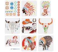 FINGERINSPIRE 9 Pcs Cowboy Theme Drawing Stencil with A Paint Brush 2 Size Western Horse Cowboy Boots Indian Skull Cow Skull Aztec Pattern Painting Template for Painting on Wood Wall Fabric Furniture