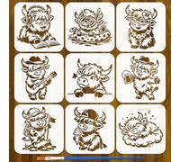 FINGERINSPIRE 9 Pcs Cute Highland Cattle Painting Stencil with Paintbrush 15x15cm Reusable Cow Stencil Plastic DIY Craft Stencils for Painting on Wood, Floor, Wall, Tile, Furniture, Home Decor