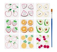 FINGERINSPIRE 9 Pcs Fruit Painting Stencil with Brush 15x15cm Watermelon Pear Strawberry Orange Drawing Template Avocado Peach Pineapple Cherry Stencil for Painting on Wood Wall Fabric Furniture