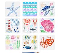 FINGERINSPIRE 9 Pcs Summer Ocean Painting Stencil with Brush 30x30cm Sea Waves Drawing Template Fish Shells Lighthouse Turtle Octopus Corals Stencil for Painting on Wood Wall Fabric Furniture