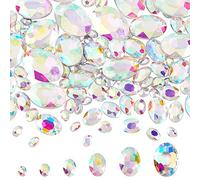 FINGERINSPIRE 94 Pcs Pointed Back Rhinestone 6 Sizes Glass Rhinestones Gems AB Color Oval Jewels Embelishments with Silver Plated Back Crystals Iridescent Oval Fancy Stone for Jewelry Making Decor