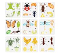 FINGERINSPIRE 9PCS Animal Growth Painting Stencil 20x20cm Reusable Animal Growth Cycle Stencil Frog Ladybug Stag Beetle Butterfly Bee Dragonfly Turtle Chicken Ant Pattern Animal Theme Template