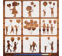 FINGERINSPIRE 9Pcs Balloon Figure Painting Stencil with Brush 15x15cm Little Lady and Boy Pattern Drawing Template People with Balloon DIY Decoration Stencil for Painting on Wood Wall Fabric Furniture