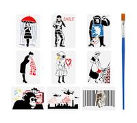 FINGERINSPIRE 9Pcs Banksy Characters Stencil 21x29.7cm Chimpanzees Painting Stencils with Bamboo Brush Umbrella Rain Girl Drawing Large Stencils Helicopter Templates for Fabric Tiles Furniture