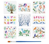 FINGERINSPIRE 9PCS Birds Trees Stencils with Paint Brush 2 Sizes Reusable Trees Branches Drawing Templates Flowers Leaves Pattern Painting Stencils Hollowed Nature Theme Templates for DIY Crafts