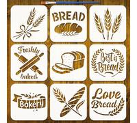 FINGERINSPIRE 9PCS Bread Pattern Painting Stencil with Paint Brush 15x15cm Decorative Wheat Words Pattern Drawing Template Plastic PET Bakery Bread Stencil Daily Theme Template for DIY Crafts