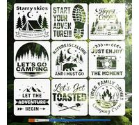 FINGERINSPIRE 9PCS Camping Forest Painting Stencils with Paint Brush 15x15cm Reusable Footprint Motorhome Flame Template Camera Bear Mountain Stencil Nature Theme Template for Painting on Wall