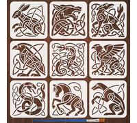 FINGERINSPIRE 9Pcs Celtic Knot Animals Plastic Painting Stencil with Brush, 20x20cm Reusable Drawing Templates DIY Decorative Abstract Animals Stencils for DIY Crafts & Home Decor
