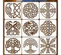 FINGERINSPIRE 9PCS Celtic Knot Patterns Stencils with a Brush 5.9x5.9inch 9 Styles Celtic Animal Plants Stencils Tree of Life Stencil Reusable Template for Painting on Wood Wall DIY Home Decor