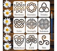 FINGERINSPIRE 9PCS Celtic Symbols Stencils 15x20cm with a Brush Celtic Knot Pattern Definition Words Stencils Reusable Triquetra Drawing Template for DIY Painting Wall Art and Home Decoration