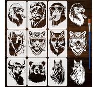 FINGERINSPIRE 9PCS Cigars Animals Stencils with Brush 21x29.7cm Reusable Animal Head Stencil Lion Wolf Tiger Horse Dog Template for Drawing DIY Furniture Wall Floor Fabric Decoration