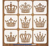 FINGERINSPIRE 9Pcs Crown Painting Stencil with Brush,5.9x5.9inch Queens Princess Art Stencils Reusable King Crown Template Plastic Drawing Stencils for Painting on Wood Wall Floor Fabric