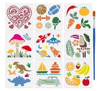 FINGERINSPIRE 9PCS Daily Activities Stencils with a Brush 30x30cm Fruit Rocket Painting Stencil Birds Dinosaur Drawing Templates for Wall Floor Home Decor Creative Art Projects