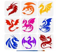 FINGERINSPIRE 9PCS Dragon Painting Stencil 15x15cm Dragon Silhouette Template with Paint Brush Reusable Pterosaur Template Fantasy Theme Stencil for DIY Crafts