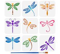 FINGERINSPIRE 9PCS Dragonfly Stencils for Painting with Brush 15x15cm Reusable Flying Dragonfly Template Hollowed Flower Leaves Stencil Animal Theme Template for Wall Floor Furniture Decoration