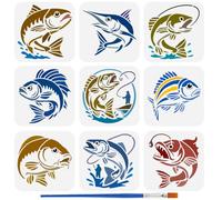FINGERINSPIRE 9PCS Fish Stencils with 1Pc Plastic Paint Brush 15x15cm Fishing Drawing Templates 9 Styles Decoration Fish Animals Stencils for Painting on Wood, Canvas, Fabric, Wall, Furniture