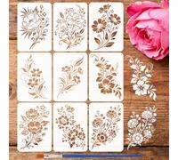 FINGERINSPIRE 9PCS Flower Stencils 21x29.7cm Blooming Flower Pattern Stencils Reusable Floral Drawing Templates with a Brush for DIY Home Decor Walls Furniture Craft Projects