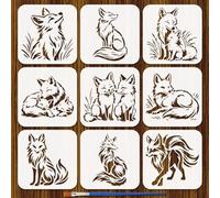 FINGERINSPIRE 9PCS Fox Stencils with Brush 15x15cm Sitting Fox Stencil Running Fox Stencil Animal Theme Drawing Template for Painting on Wood Wall Furniture DIY Home Decoration