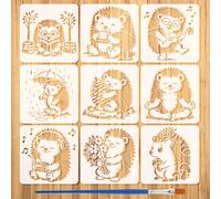FINGERINSPIRE 9PCS Hedgehogs Stencils with Paint Brush 15x15cm Cartoon Hedgehog Pattern Stencils Plastic Animal Themes Template for Painting on Wood Wall Floor Tile Furniture DIY Home Decoration