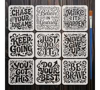 FINGERINSPIRE 9Pcs Inspirational Words Stencils with a Brush 10x10cm Reusable Motivational Templates Stencils for Painting Inspirational Quotes Theme for Wood Wall Canvas Fabrics Paper