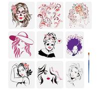 FINGERINSPIRE 9Pcs Lady Stencils with a Brush 9Styles Woman Face Pattern Painting Stencils Mandala Beauty Stencil Reusable PET Character Themes Decoration Template for Wood Wall Floor Tiles Furniture