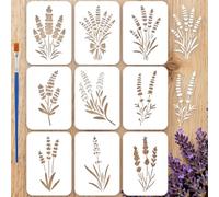 FINGERINSPIRE 9Pcs Lavender Silhouette Painting Stencil with Paintbrush 14.8x10.5cm Reusable Plastic Wall Stencils Template Beautiful Lavender Flower Pattern Stencils for DIY Craft and Home Decor