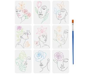 FINGERINSPIRE 9Pcs Line Floral Female Stencil with Brush, 29.7x21cm Reusable Modern Minimalist Abstract Women Stencil Floral Female Face Pattern Plastic Stencils for Home Wall Art Decor