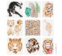 FINGERINSPIRE 9PCS Lion Tiger Painting Stencil 2Size Reusable Animal Head Leopard Template with Paint Brush Large Leaf Flower Stencil Paw Print Template Leopard Print Stencil Animal Theme Template