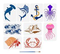 FINGERINSPIRE 9PCS Marine Life Painting Stencil With 1Pc Paint Brush 21x29.7cm Reusable Ocean Creatures Stencil Marine Animals Template for Painting on Wall Wood Fabric Canvas Furniture DIY Home Decor
