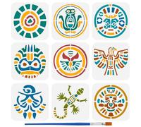 FINGERINSPIRE 9PCS Maya Culture Stencils for Painting with Brush 15x15cm Reusable Aztec Patterns Template Hollowed Maya Totem Stencil Plastic PET Bole Theme Template for Wall Floor Decoration