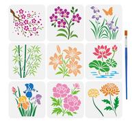 FINGERINSPIRE 9PCS Oriental Flowers Stencils with 1Pc Brush 20x20cm Cherry Blossoms Stencil Orchid Bamboo Chrysanthemums Stencil Plant Theme Patterns Template for Painting on Wall Wood Furniture