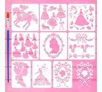 FINGERINSPIRE 9PCS Princess Lady Stencils with a Brush 2 Sizes Fairytale Woman Silhouette Bow Stencil Reusable PET Painting Stencils Templates for Wood Floor Wall Craft and Decorative Painting