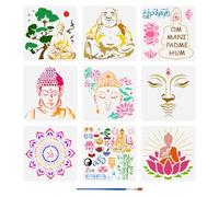 FINGERINSPIRE 9Pcs Religious Pattern Stencils with a Brush 30x30cm Buddha Painting Stencil Yoga Pattern Stencils PET Mandala Stencil Lotus Flower Template for Wood Wall Floor Tiles Furniture