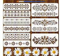 FINGERINSPIRE 9Pcs Retro Classic Decorative Patterns Painting Stencil with Brush 30x7.5cm/30x15cm Plastic Folk Decorative Painting Stencil Templates Reusable Floral Pattern Stencils for DIY Craft