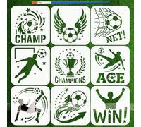 FINGERINSPIRE 9PCS Soccer Patterns Stencils with Paint Brush 15x15cm Football Sports Design Template Playing Soccer Stencil Football Champion Stencil Sports Themes Template for Wood Floor Wall Fabric